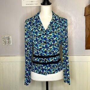 Karen Stevens vintage, geometric top blue open back, blouse, shirt, long sleeve